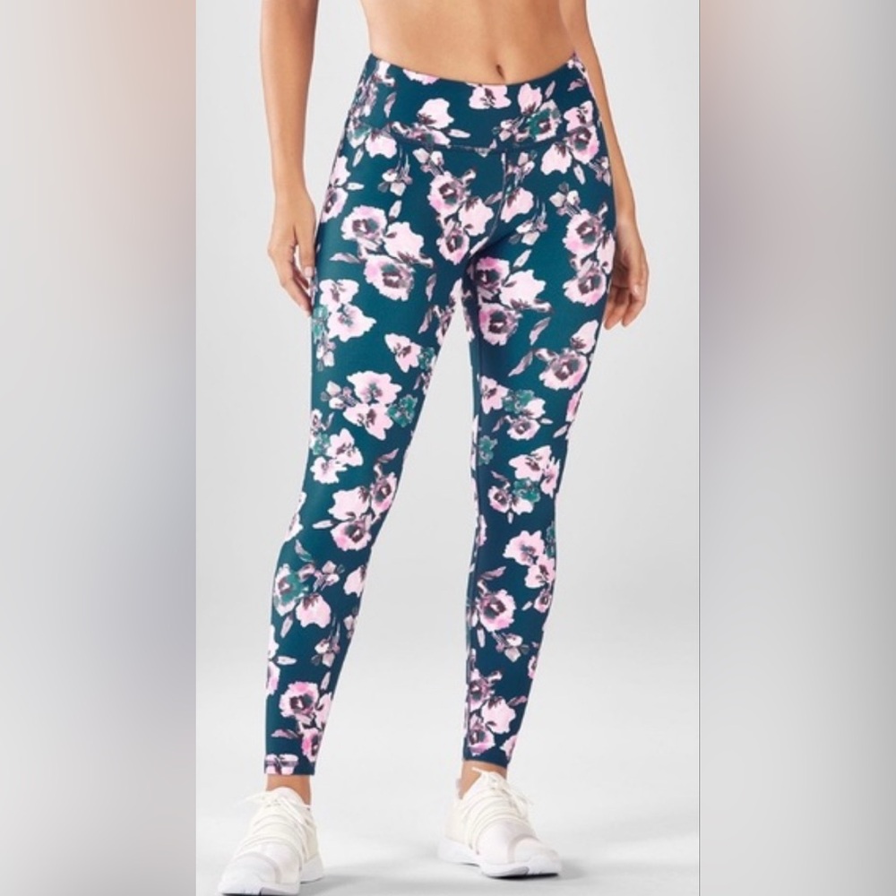 Fabletics Sz M Dark Teal and Pink Floral Leggings
